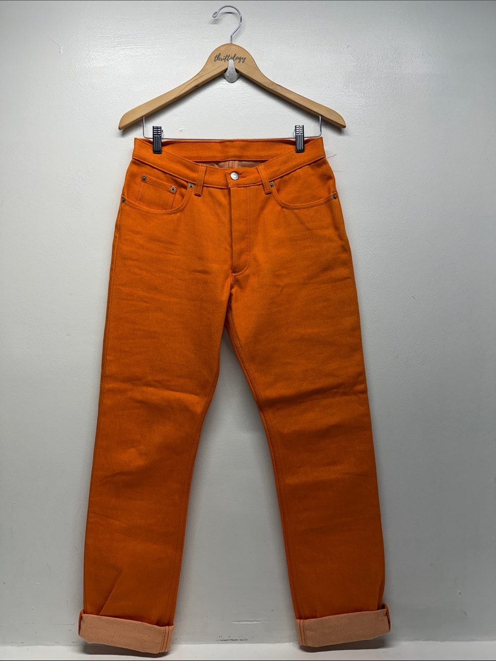 Helmut Lang Safety Orange Turn Up Raw Denim Pants Vintage 100% Cotton Size 29